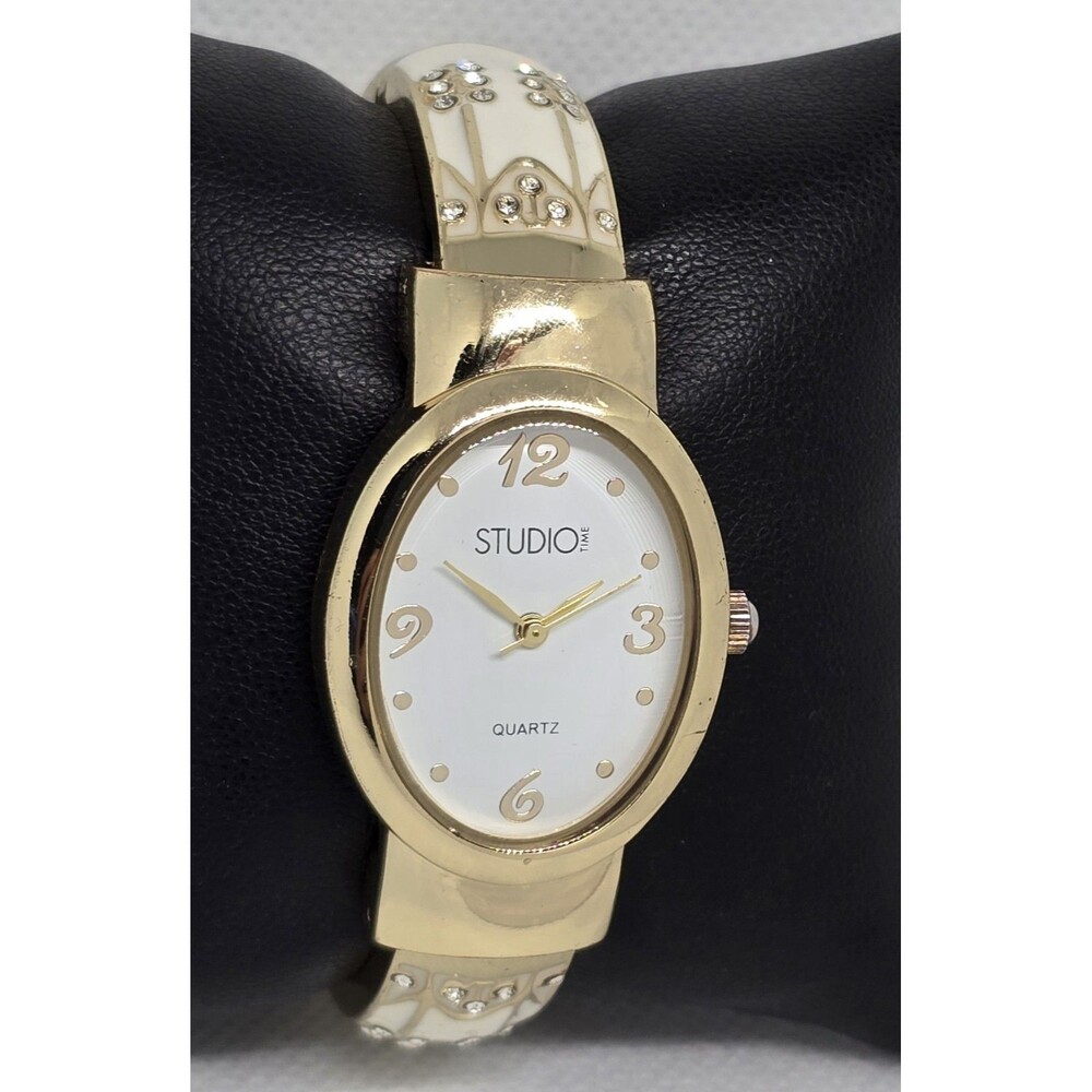 Women's Studio Time Fancy Oval Gold Tone Enamel Open Cuff Bracelet Watch 13 - Picture 3 of 9